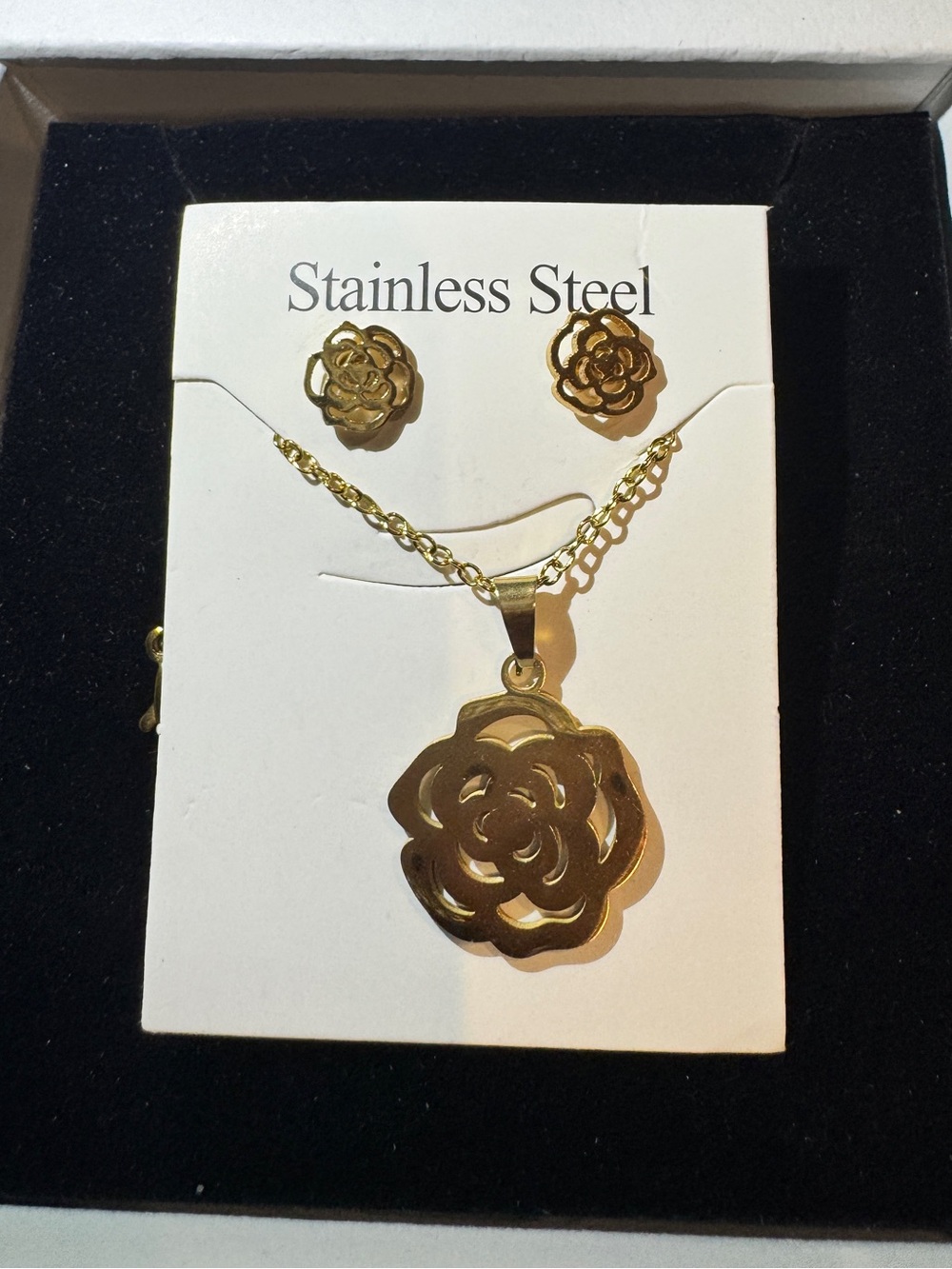 Gold Flower Stainless Steel Necklace and Earring Set